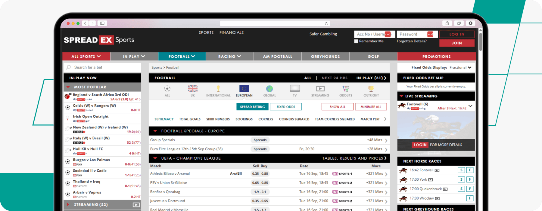 screenshot of spreadex champions league betting page