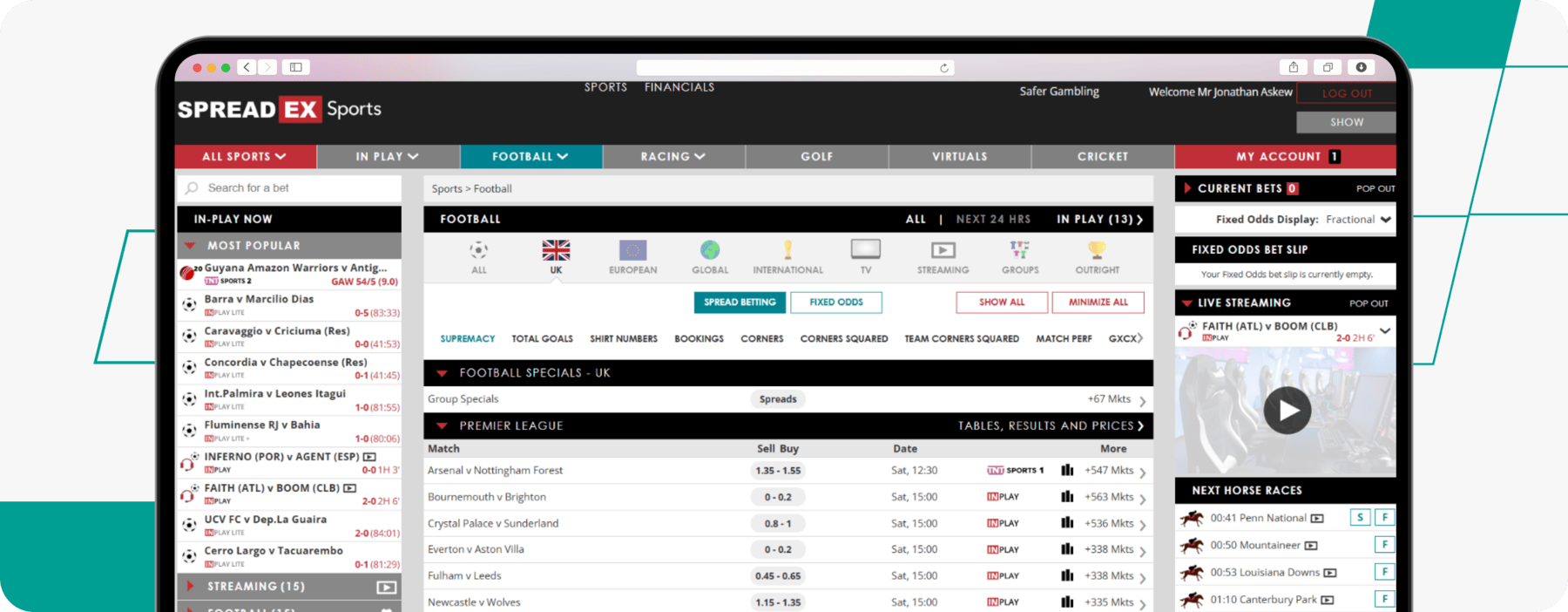screenshot of spreadex football betting page