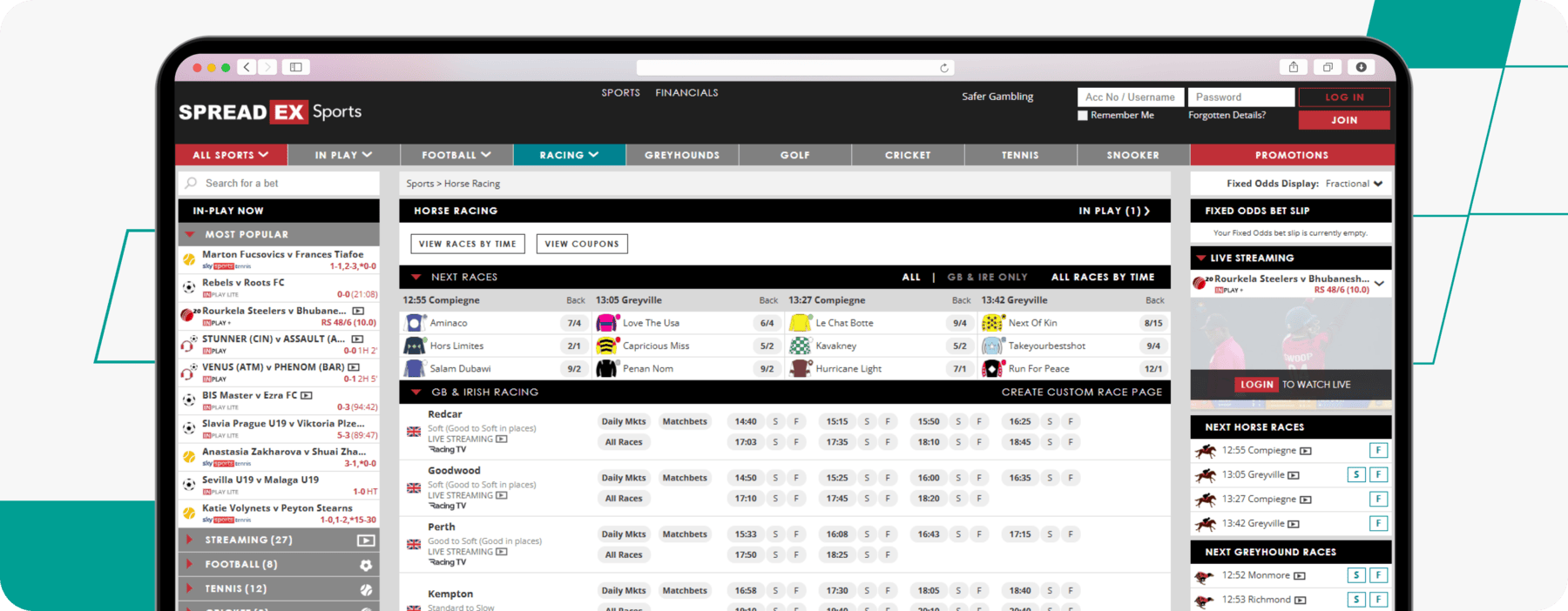 screenshot of spreadex horse racing page