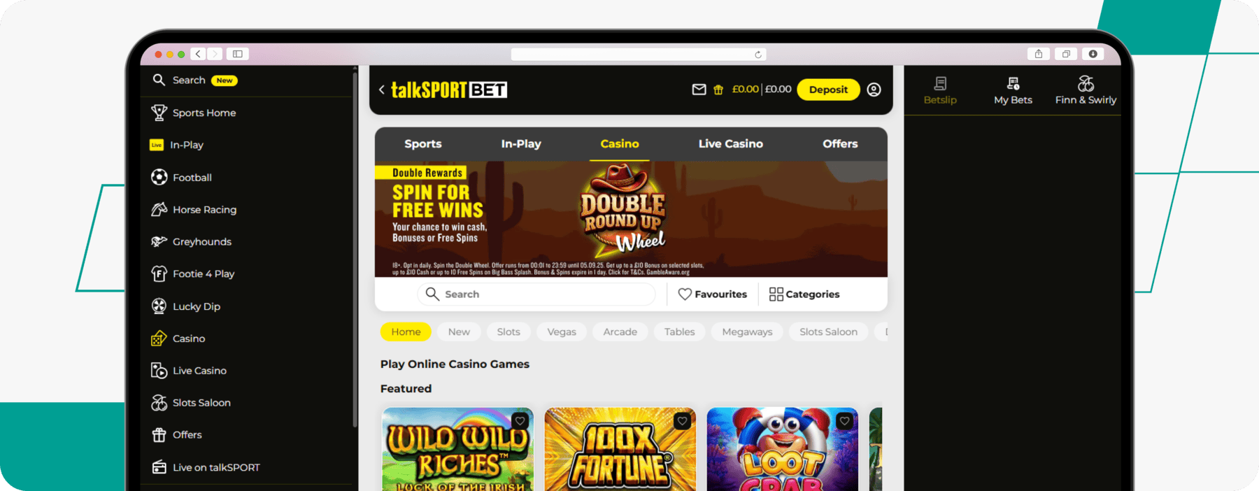 screenshot of talksport bet casino homepage