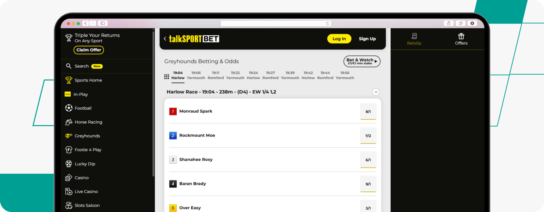 screenshot of talksport bet greyhound racing markets