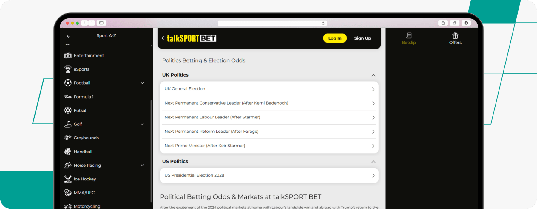 screenshot of talksport bet politics markets