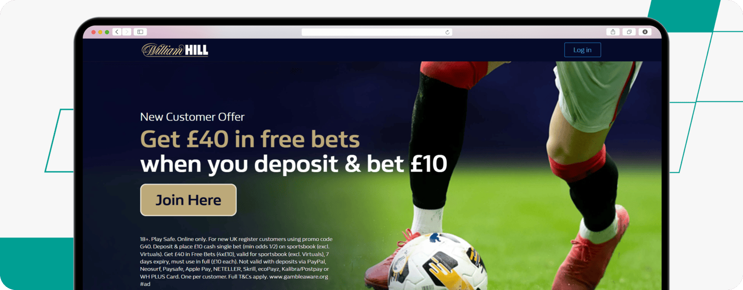 screenshot of william hill bet 10 get 40 welcome offer