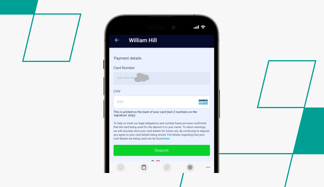 screenshot of william hill deposit step 2