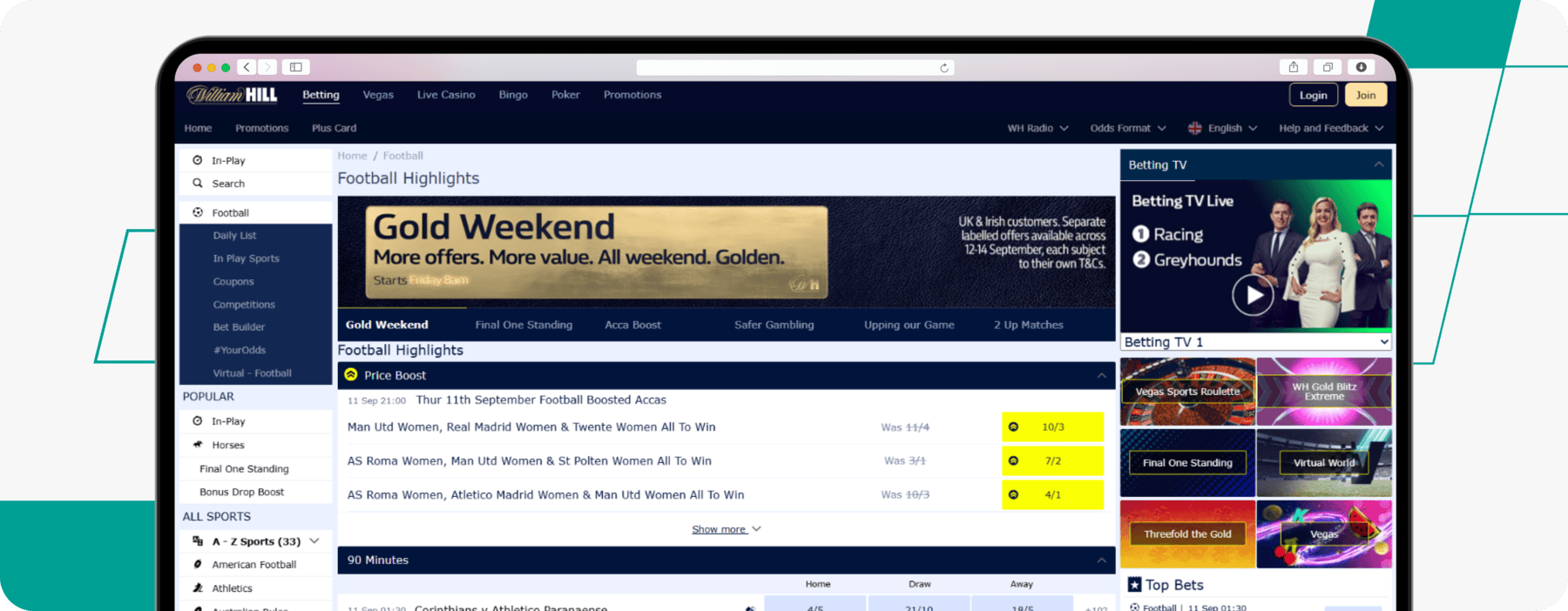 screenshot of william hill football betting page