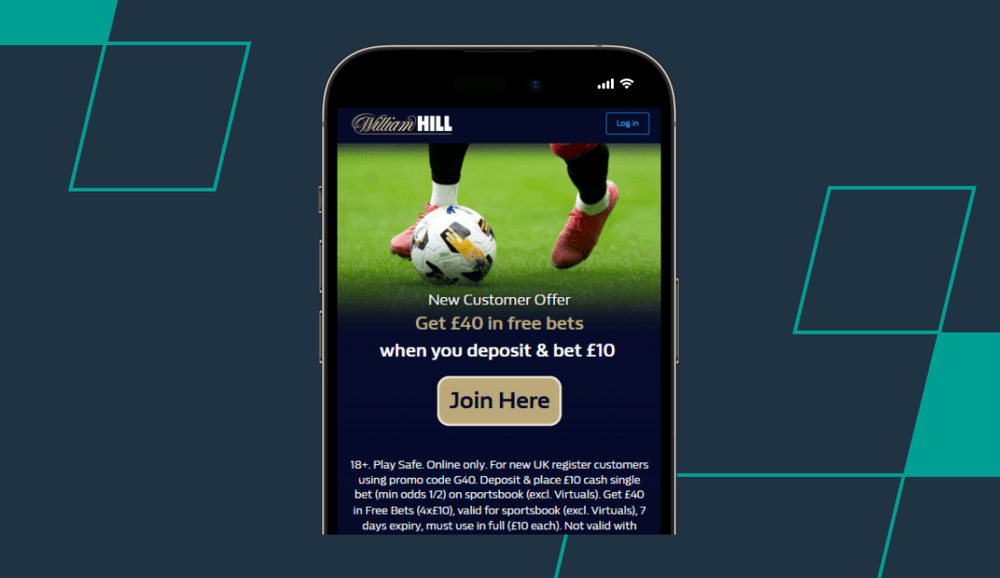 screenshot of william hill bet 10 get 40 welcome offer