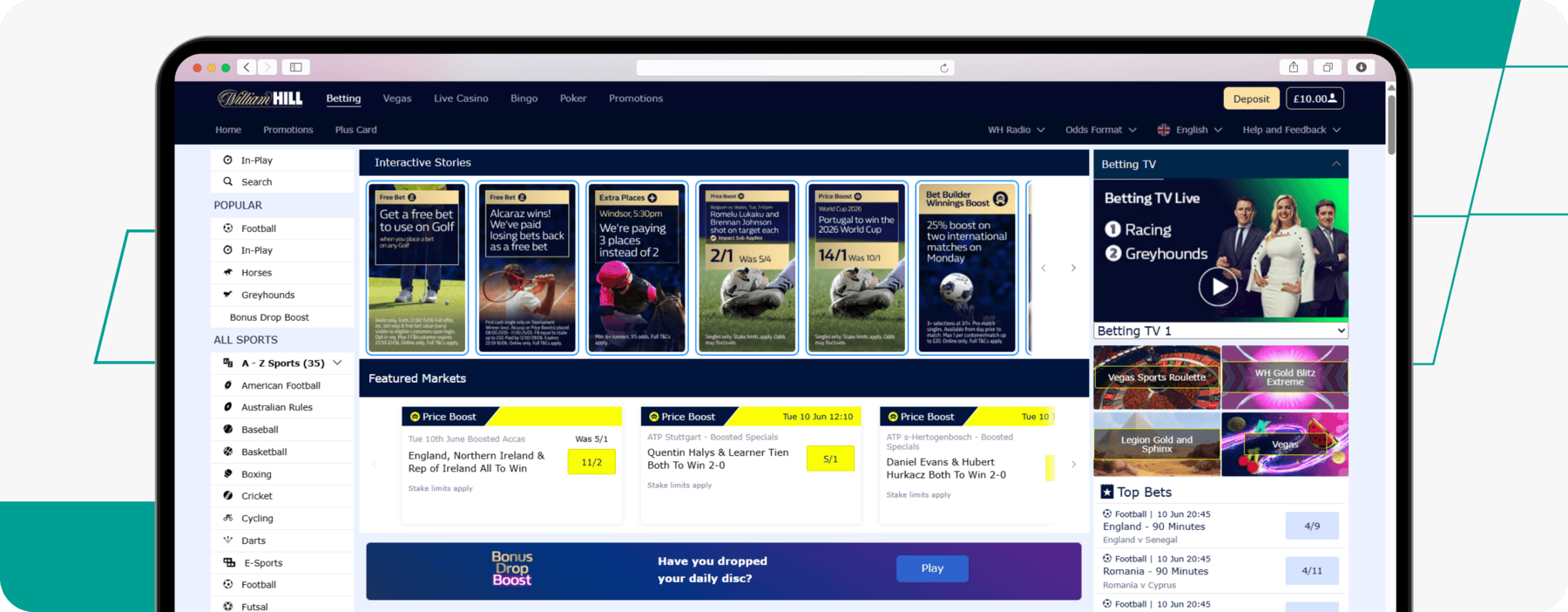 screenshot of william hill sportsbook offering