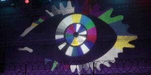 Big Brother "eye "logo on the outside of the Big Brother house in Elstree Studios, Borehamwood, Hertfordshire.