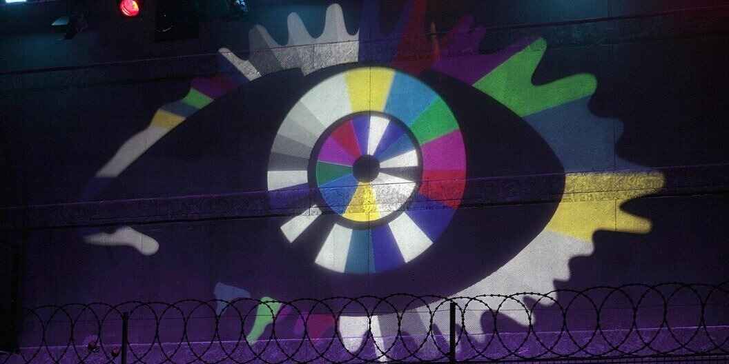 Big Brother "eye "logo on the outside of the Big Brother house in Elstree Studios, Borehamwood, Hertfordshire.