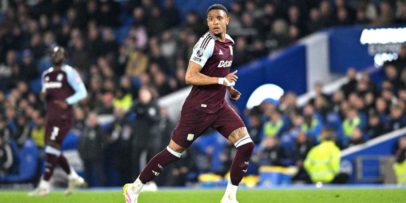 Ezri Konsa on the field during a Premier League match between Aston Villa and Brighton.