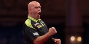 Michael van Gerwen celebrating on stage