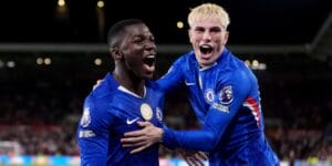 Moises Caicedo scoring for Chelsea