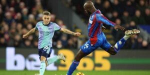 Mateta takes a shot for Palace against Arsenal during a Premier League match at Selhurst Park