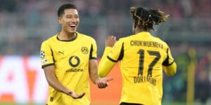 Jobe Bellingham of Borussia Dortmund BVB and Carney Chukwuemeka of Dortmund
