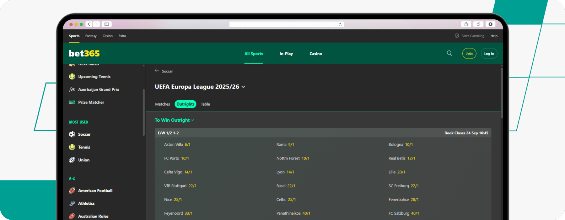screenshot of bet365 europa league odds