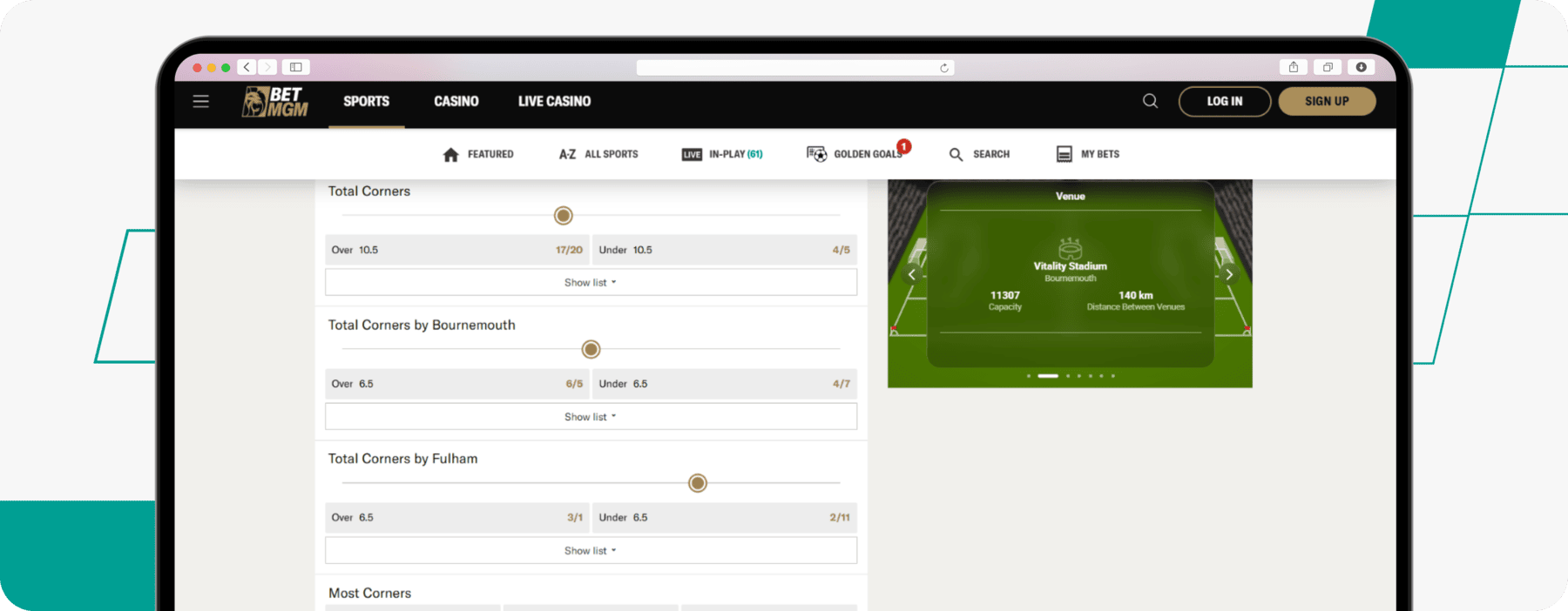 screenshot of betmgm corner betting odds