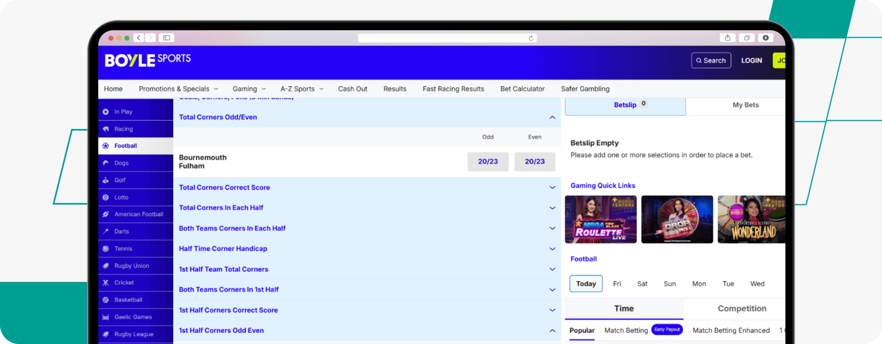 screenshot of boylesports corner betting odds