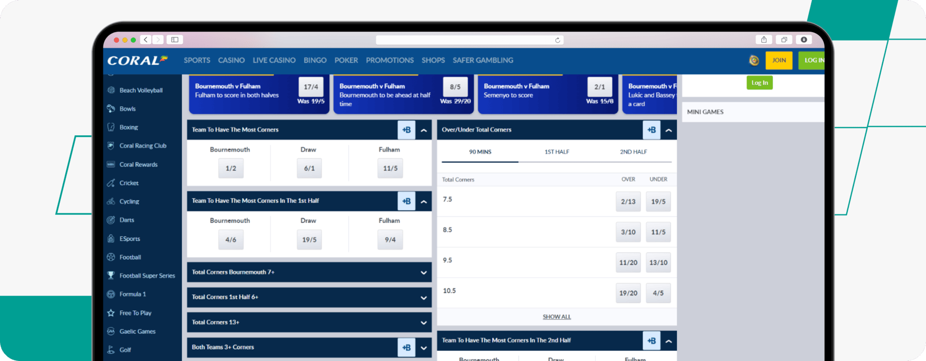 screenshot of coral corner betting odds