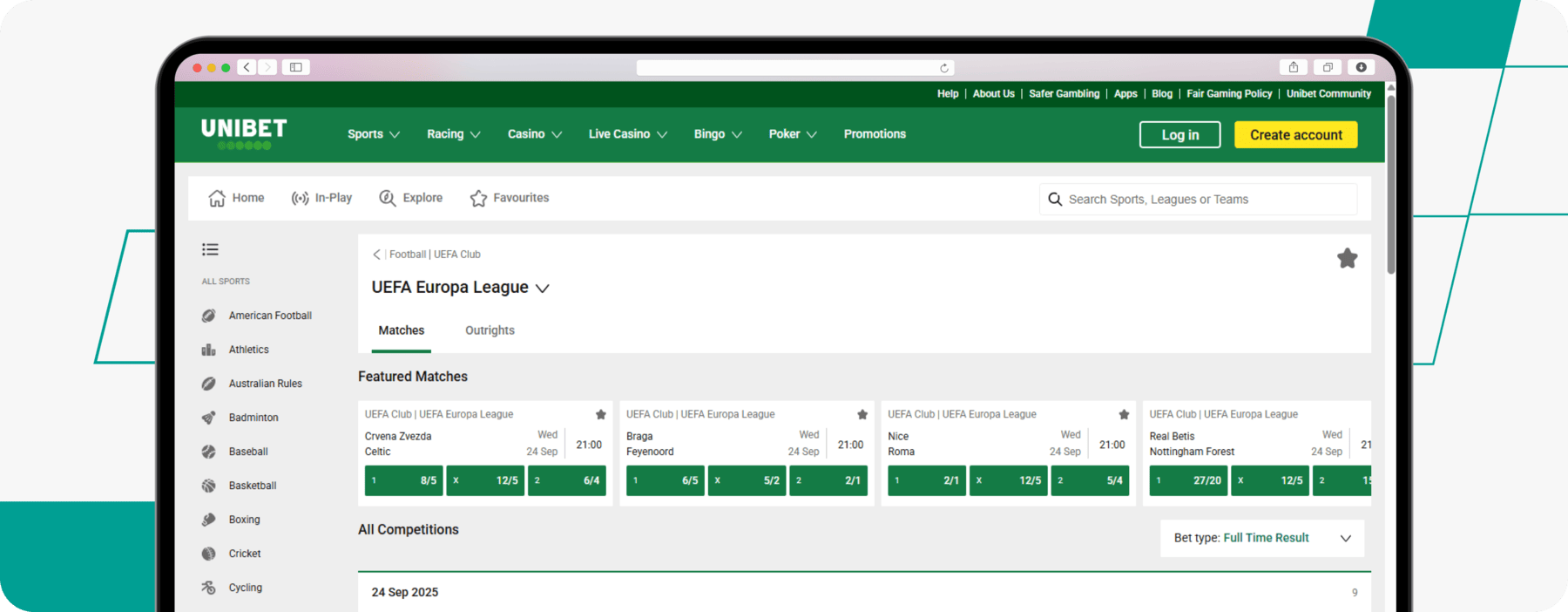 screenshot of unibet europa league odds