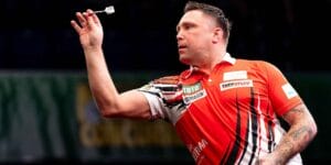 Gerwyn Price lines up a shot during the 2025 Dutch Darts Masters
