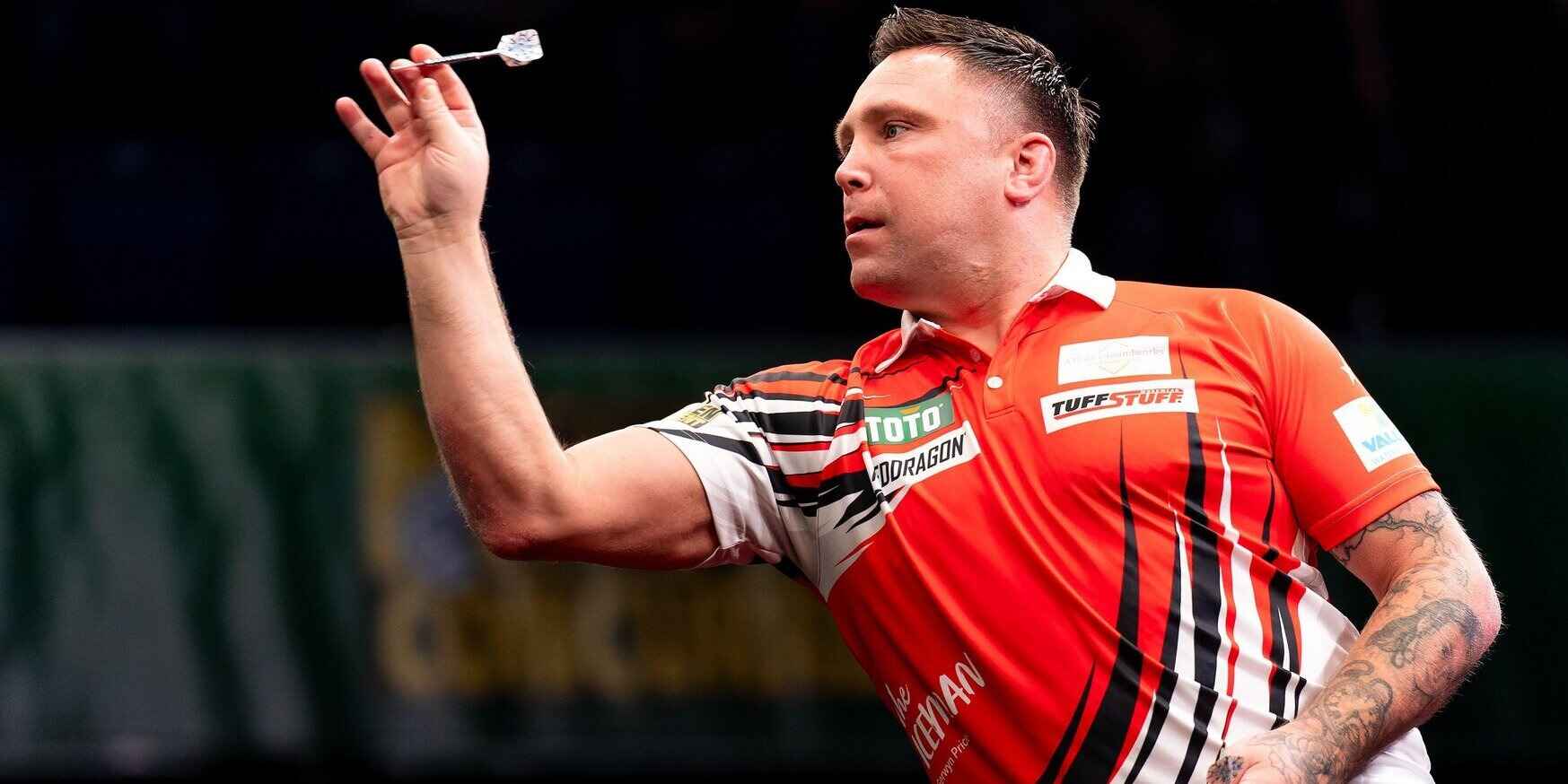 Gerwyn Price lines up a shot during the 2025 Dutch Darts Masters