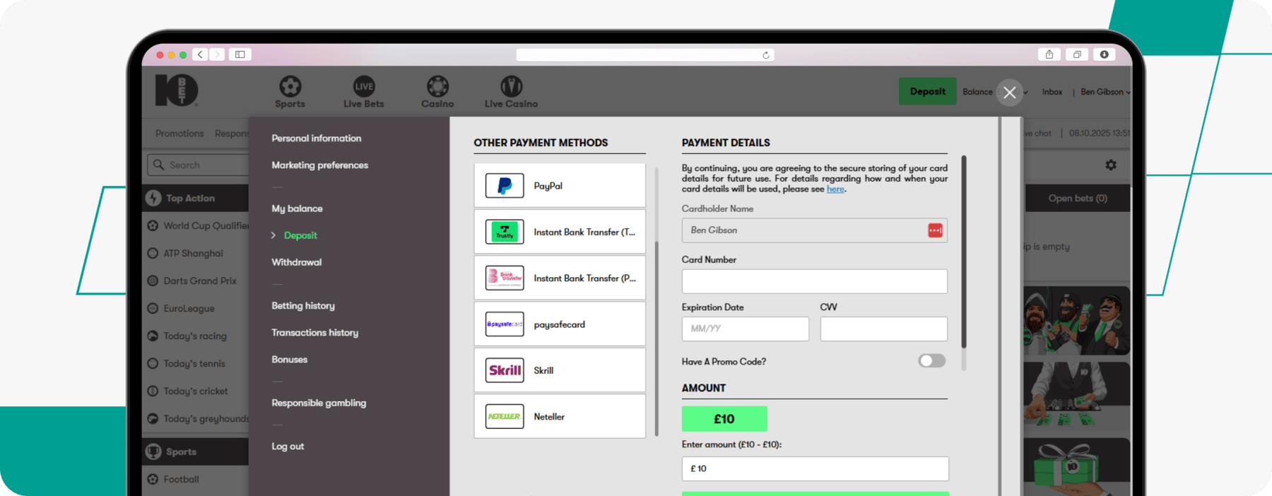 Screenshot of 10bet Skrill Deposit Method