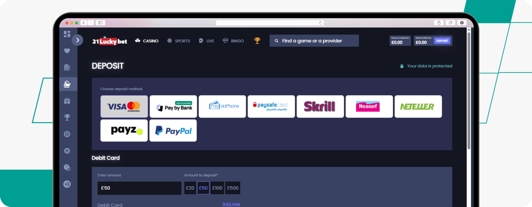 Screenshot of 21LuckyBet Skrill Deposit Method