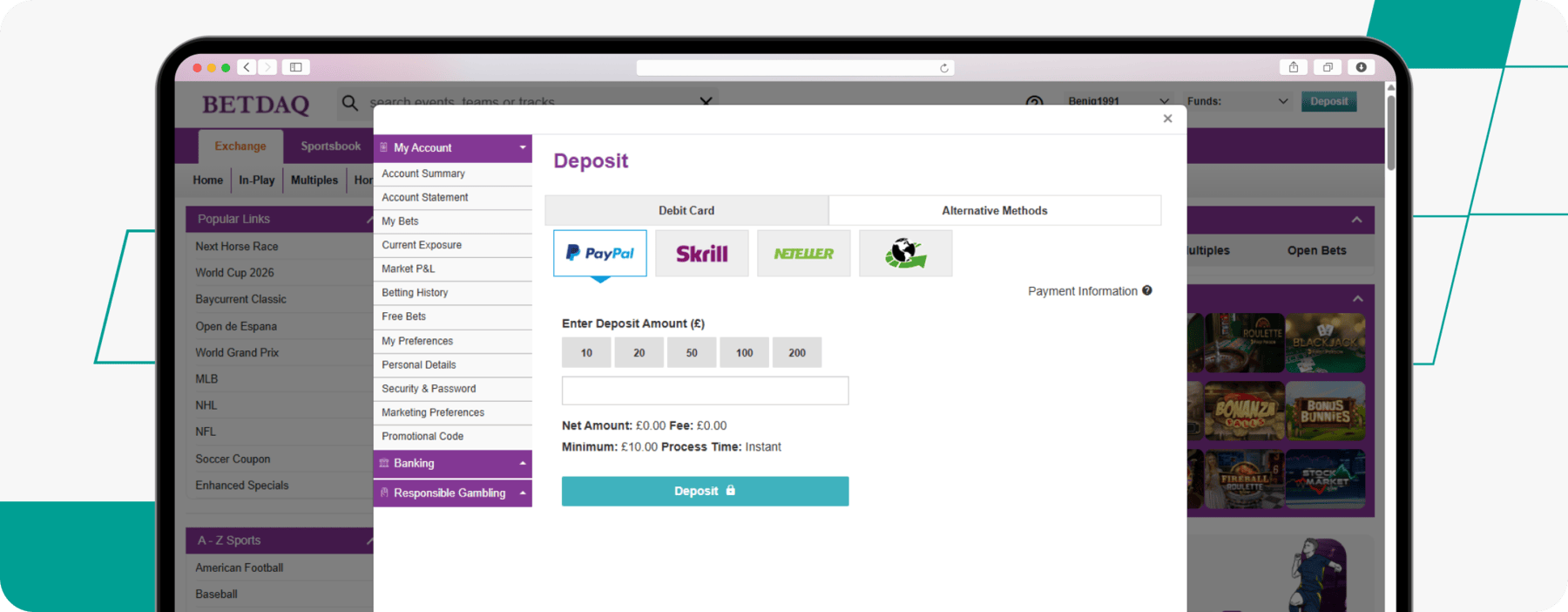 Screenshot of BETDAQ Skrill Deposit Method