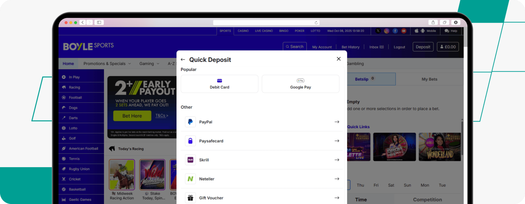 Screenshot of BoyleSports Skrill Deposit Method