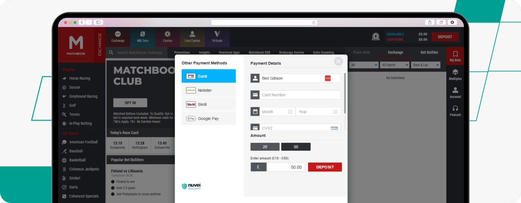 Screenshot of Matchbook Skrill Deposit Method