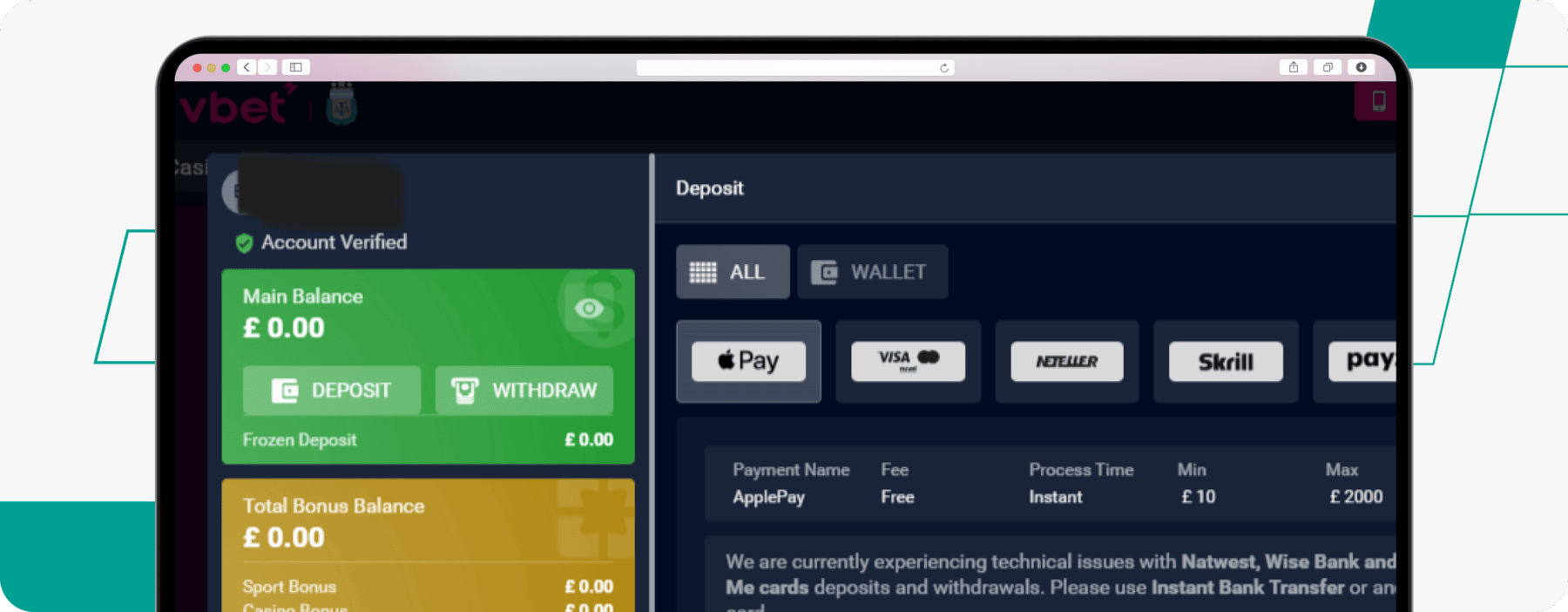 Screenshot of VBET Skrill Deposit Method