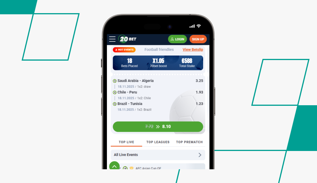 screenshot of 20bet pakistan site