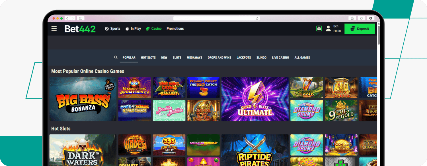 screenshot of bet442 casino homepage