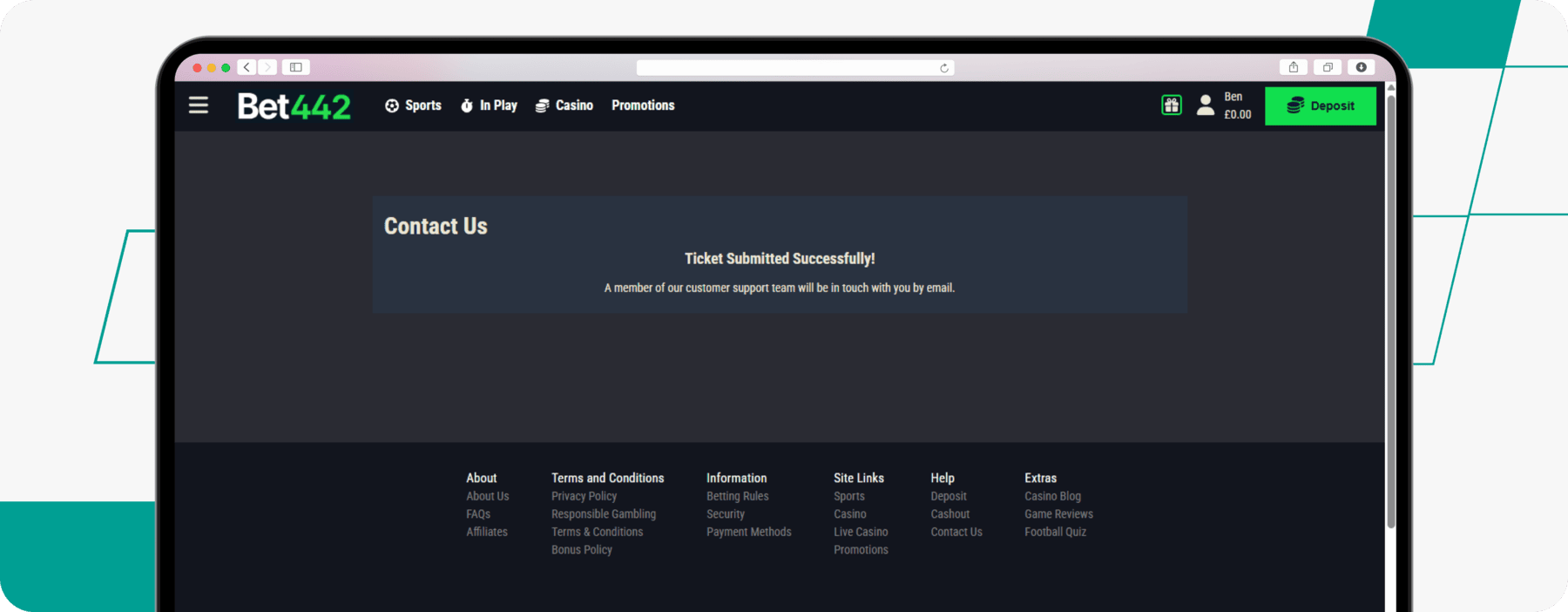 screenshot of bet442 contact us page