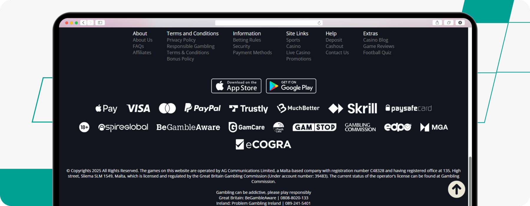 screenshot of bet442 footer