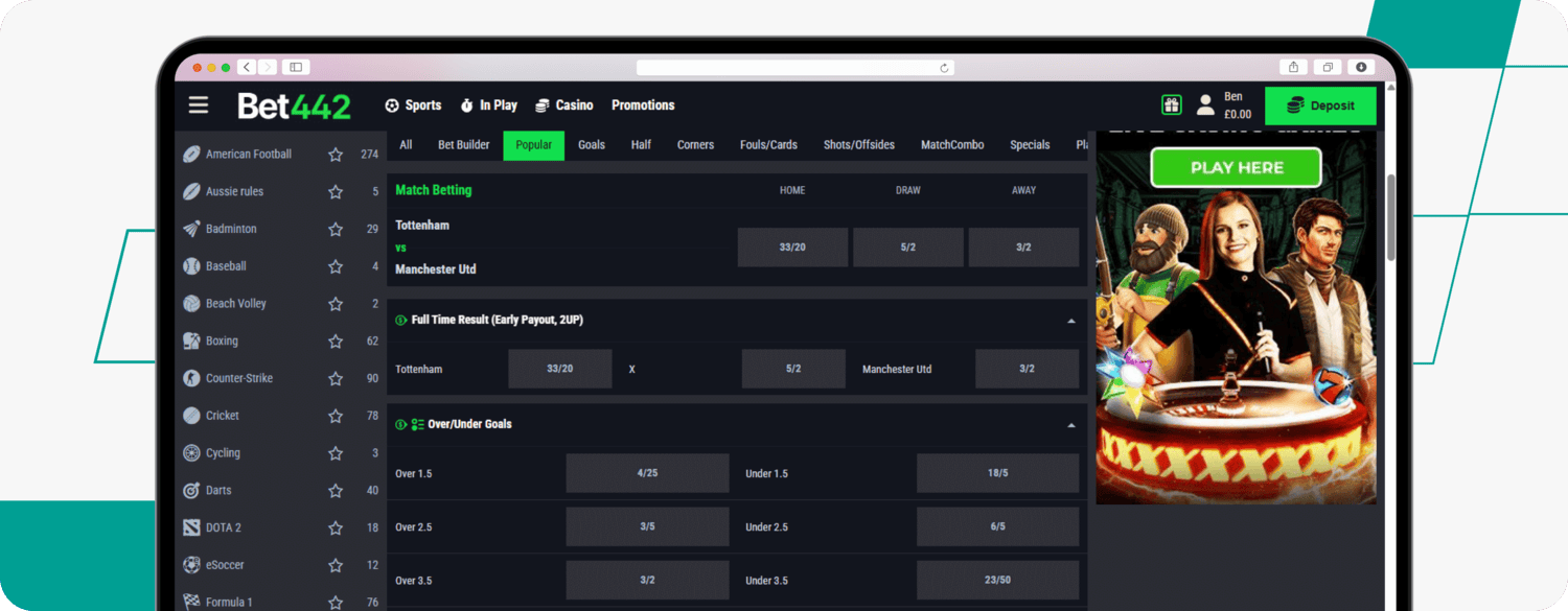 screenshot of bet442 sports betting odds