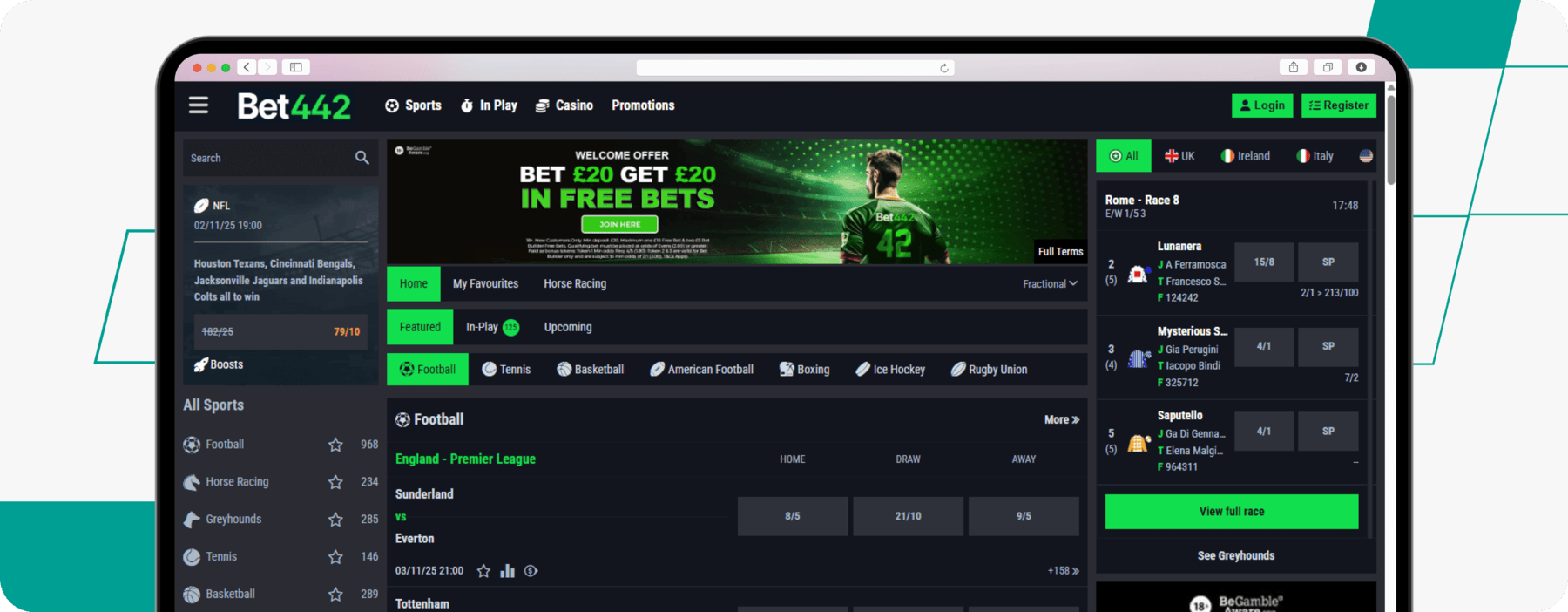 screenshot of bet442 sportsbook homepage