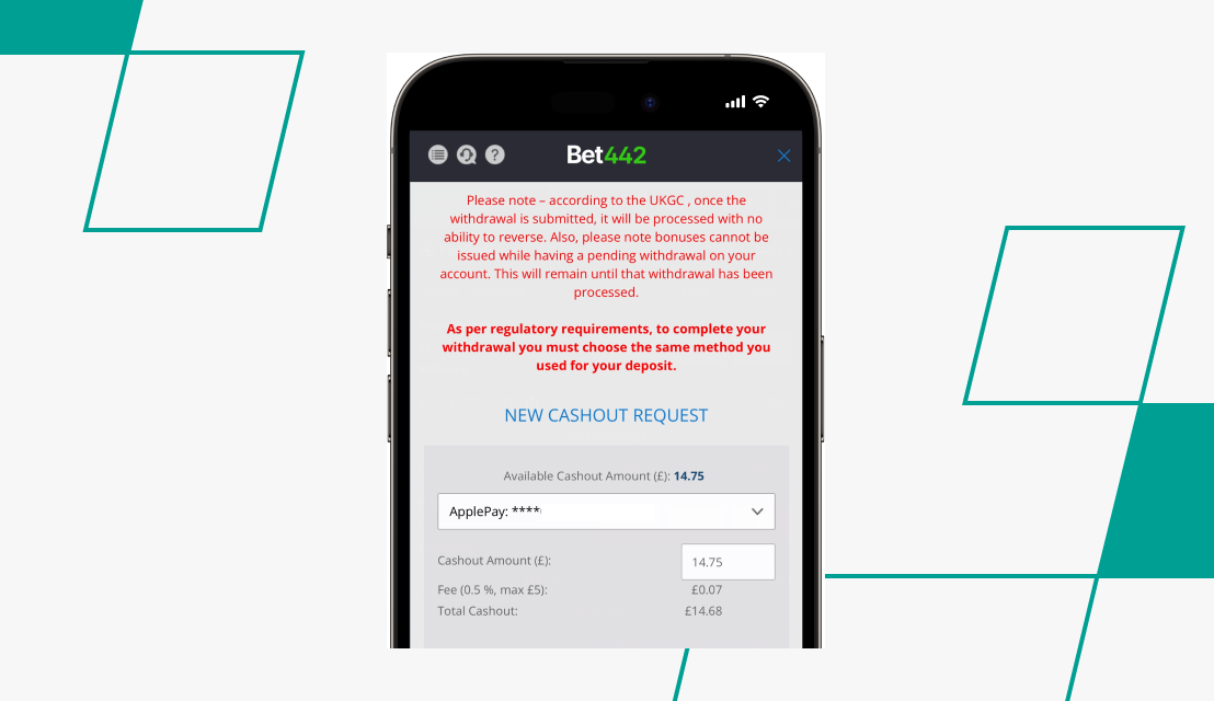 screenshot of bet442 withdrawal step 2