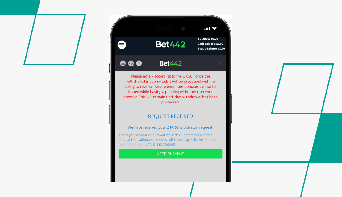 screenshot of bet442 withdrawal step 3