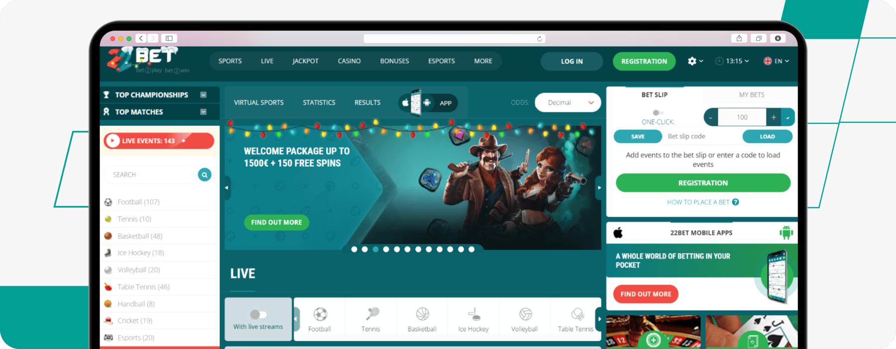 screenshot of 22bet germany homepage