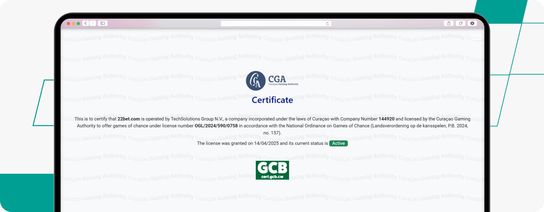 screenshot of 22bet licence certificate