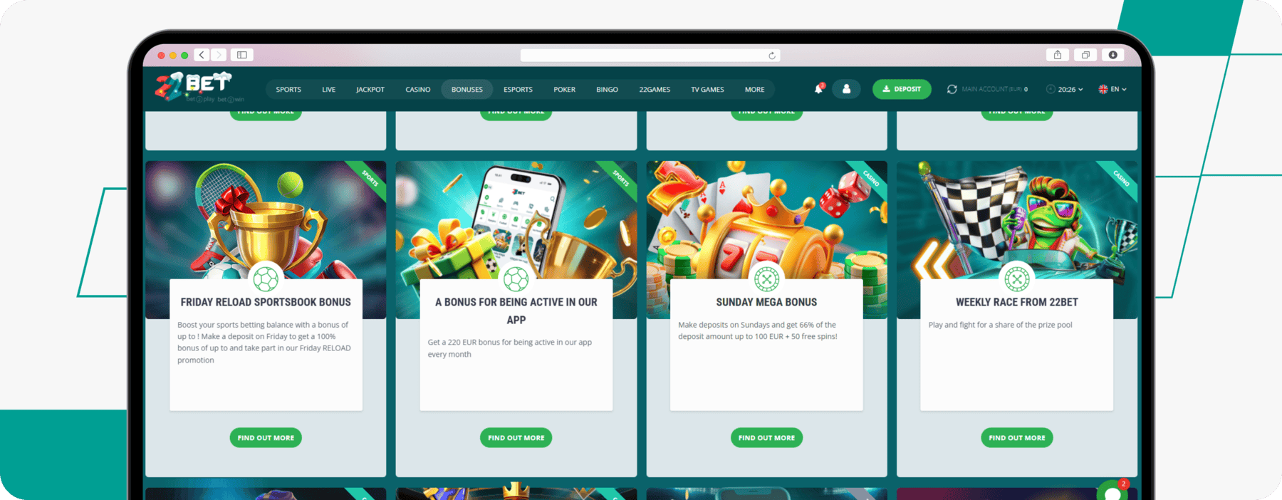 screenshot of 22bet promotions page