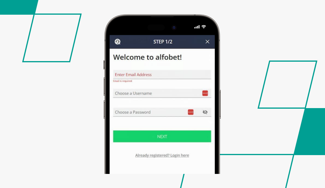 screenshot of alfobet registration step 1