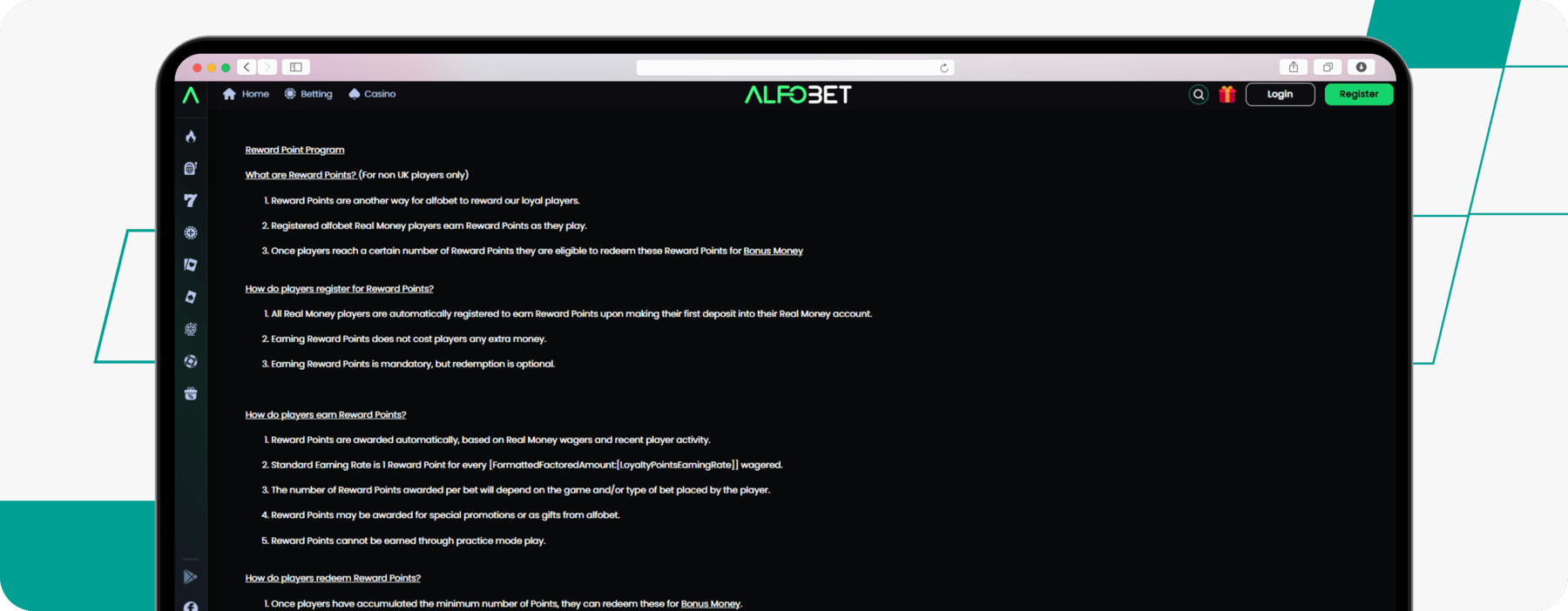 screenshot of alfobet reward point program faqs