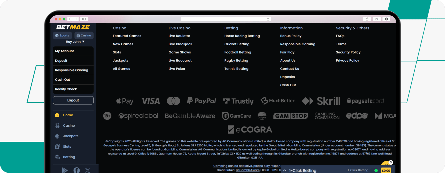 screenshot of betmaze website footer