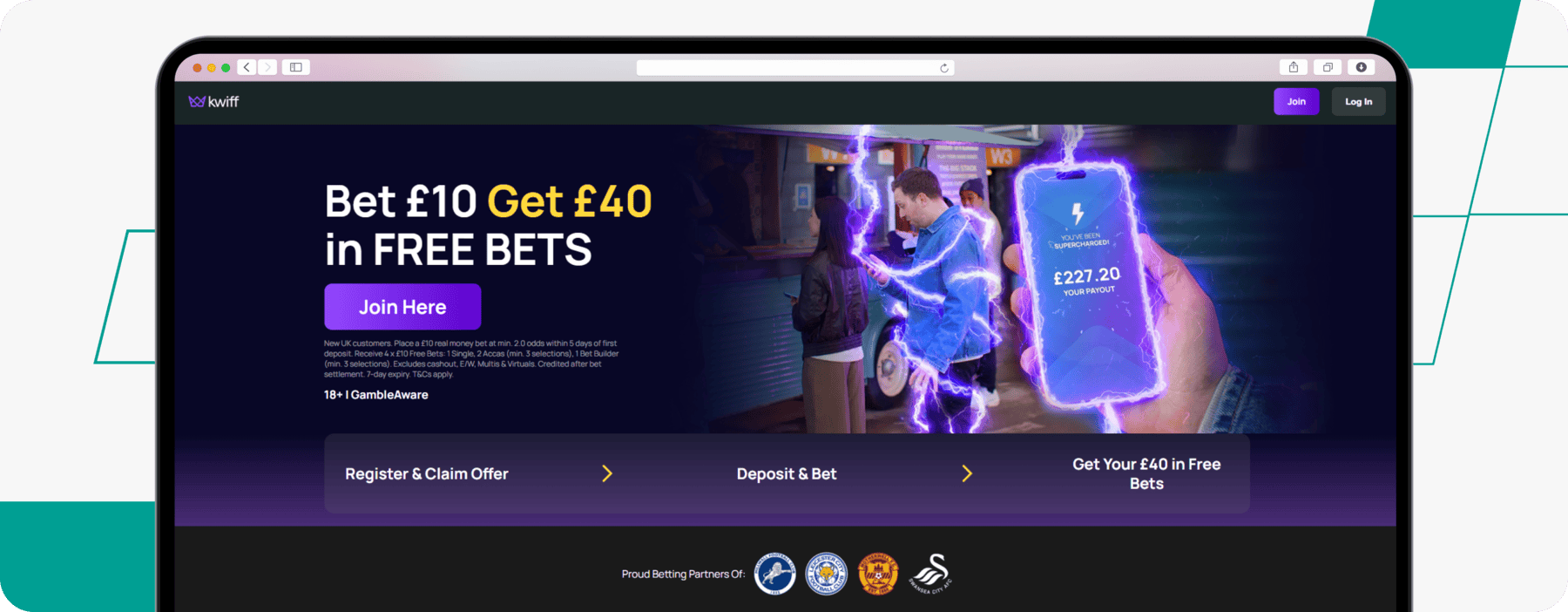 screenshot of kwiff bet 10 get 40 welcome offer
