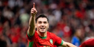 Brahim Diaz for Morocco scoring a goal and pointing to the sky in celebration