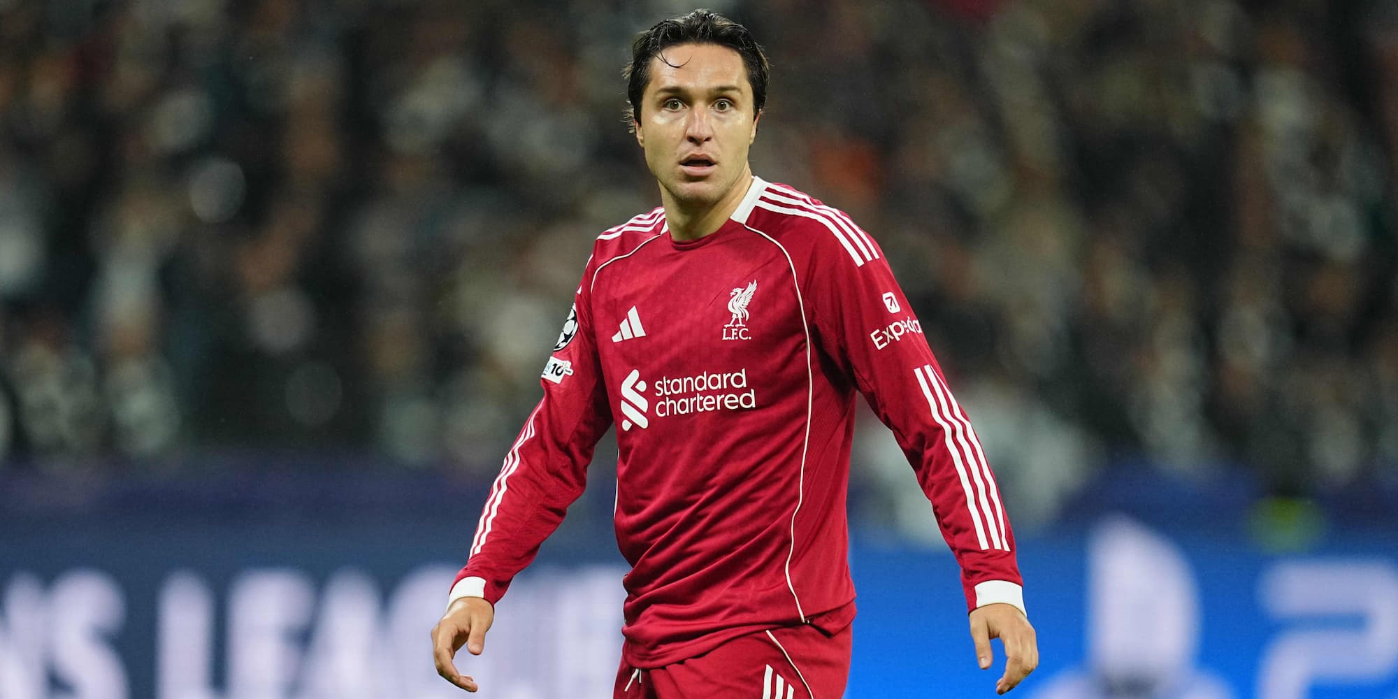 Federico Chiesa playing for Liverpool in their red home strip