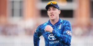 Harry Brook running while playing cricket for England