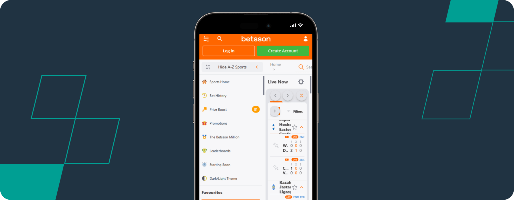 screenshot of betsson mobile app homepage